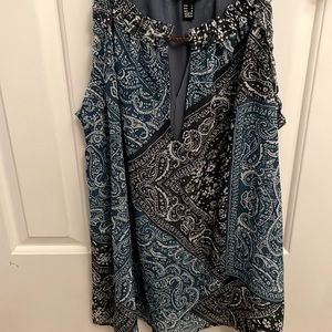 MANGO PAISLEY HALTER TOP blue hues. Brown braided leather straps NWOT size MED